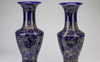 (2) Chinese cobalt and gilt dragon and Shou vases