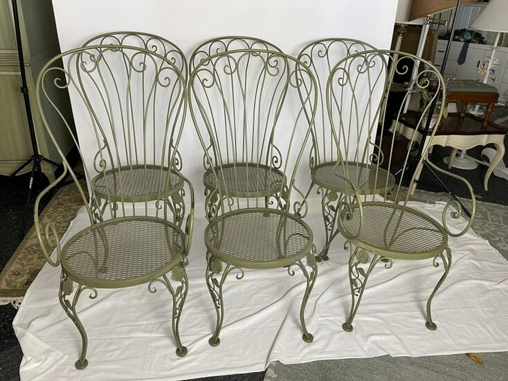 6 HOLLYWOOD REGENCY STYLE GREEN METAL CHAIRS
