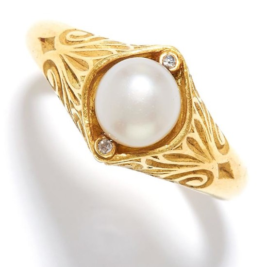 A PEARL AND DIAMOND RING in high carat yellow gold set