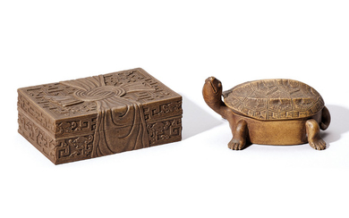 A CARVED YIXING RIBBON BOX AND COVER AND A YIXING TORTOISE-FORM BOX AND COVER, REPUBLIC PERIOD (1912-1949)