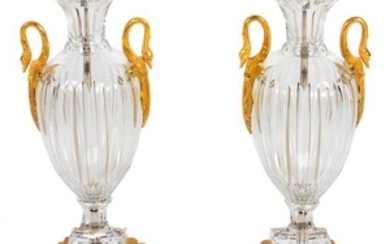 A Pair of Empire Style Gilt Bronze Mounted Cut Glass Urns Mounted as Lamps