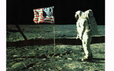 NASA OFFICIAL LITHO: BUZZ ALDRIN ON THE MOON WITH THE US FLAG.
