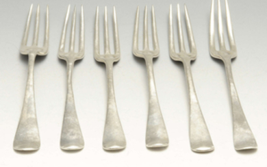 Six early Georgian silver three tine forks.