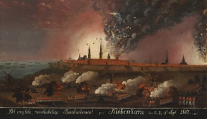 884/87: Danish painter, early 19th century: The bombardment of Copenhagen. Unsigned. Oil on panel. 46 x 78 cm.