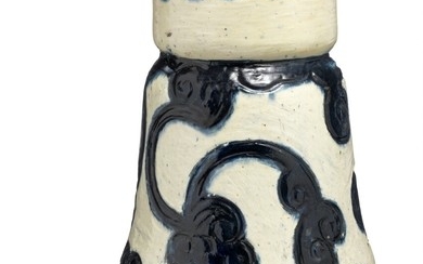Thorvald Bindesbøll: Earthenware vase with insised relief decor. Decorated with cream-coloured and dark blue glaze. H. 32.5 cm.