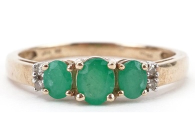 9ct gold emerald and diamond ring set with three emeralds an...