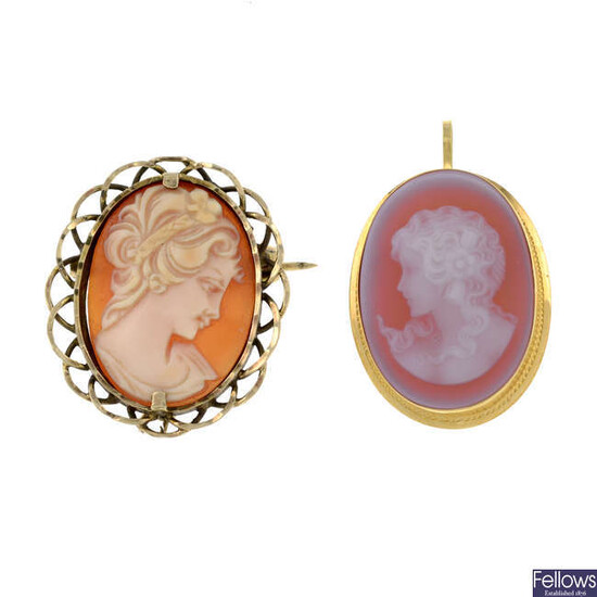A 9ct gold shell cameo brooch and an 18ct gold agate cameo pendant.