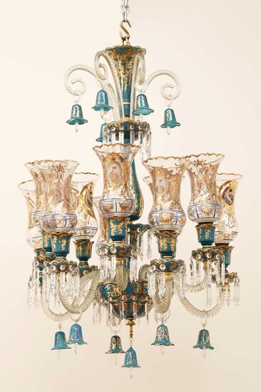 A Bohemian blue and clear glass chandelier for the Persian market