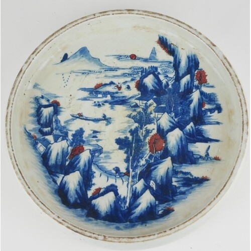 A CHINESE BLUE AND WHITE POTTERY SHALLOW BOWL Hand painted i...