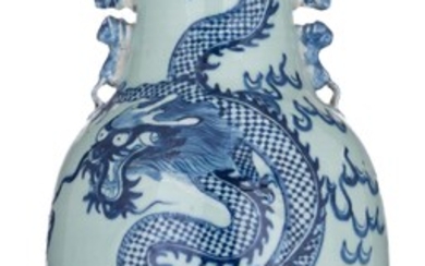 A Chinese blue and white against celadon ground...