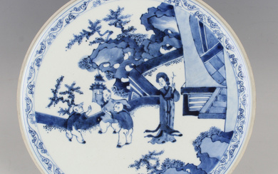 A Chinese blue and white porcelain circular panel, probably late Qing dynasty or later, painted with