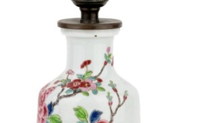 A Chinese famille rose rouleau vase, 18th century, finely painted to the body with pheasants on rocks below branches of peonies and prunus, 18.5cm high 十八世紀 粉彩繪錦雞花卉圖紋棒槌瓶