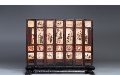 A Chinese seven-fold wooden table screen with painted marble...