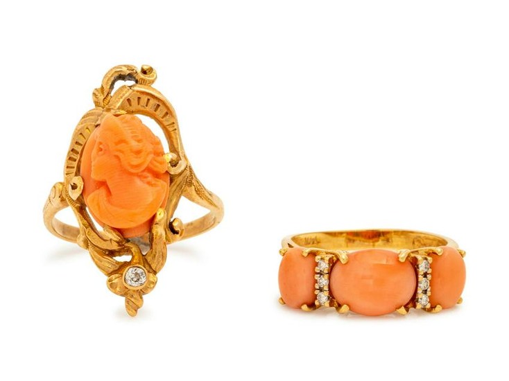 A Collection of Yellow Gold, Coral and Diamond Rings