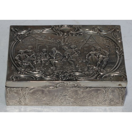 A Continental silver rectangular box, chased with revellers ...
