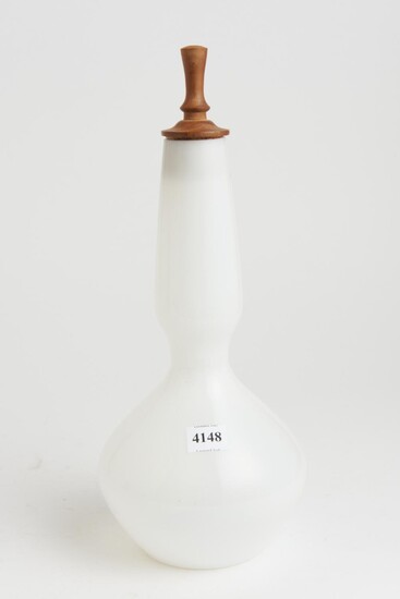 A DANISH OPALINE GLASS VASE AND A TEAK DECANTER BY JACOB BANG WITH THE ORIGINAL KASTRUP STICKER (34 CM HIGH), LEONARD JOEL LOCAL DEL...