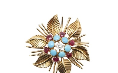 A DIAMOND, RUBY AND TURQUOISE SET FLOWERHEAD BROOCH BY CHAUM...