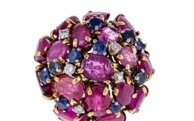 A Domed Ruby, Sapphire & Diamond Ring in 14K