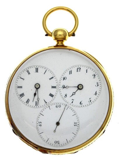 A Fine Gold Open-Faced Chronograph Pocket Watch by Le Roy & Fils White enamel dials with black...
