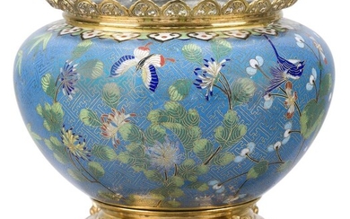 A French gilt-bronze mounted Chinese cloisonne jardiniere, c.1880, the body decorated with birds, butterflies and chrysanthemums, the pierced foot with stylised masks, zinc liner, 22cm high, 24cm diameter