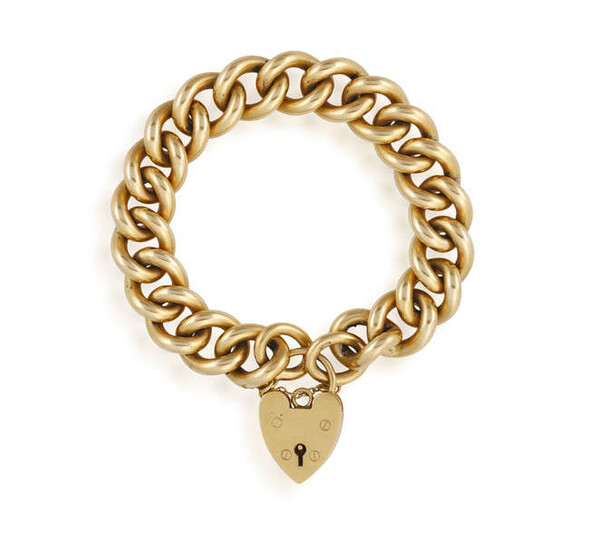 A GOLD CURB-LINK BRACELET WITH HEART PACKLOCK, in...