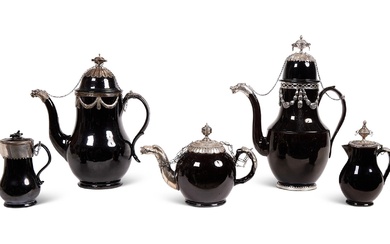 A GROUP OF LOW COUNTRIES BLACK GLAZED POTTERY, SILVER MOUNTED TEA AND COFFEE WARES (TERRE DE NAMUR)