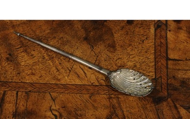 A George II silver mote spoon, pierced shell bowl, pointed t...