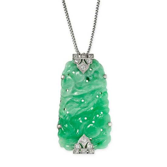 A JADEITE AND DIAMOND PENDANT AND CHAIN set with a