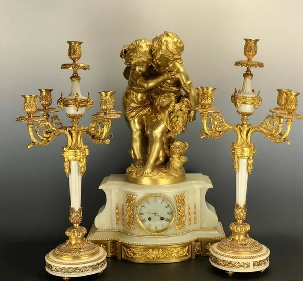 A LARGE 19TH C. DORE BRONZE AND ALABASTER CLOCK SET