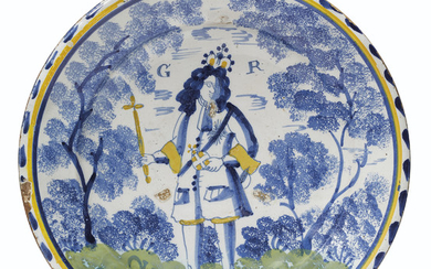 A LONDON DELFT POLYCHROME ROYAL PORTRAIT CHARGER, SECOND QUARTER OF THE 18TH CENTURY, POSSIBLY NORFOLK HOUSE