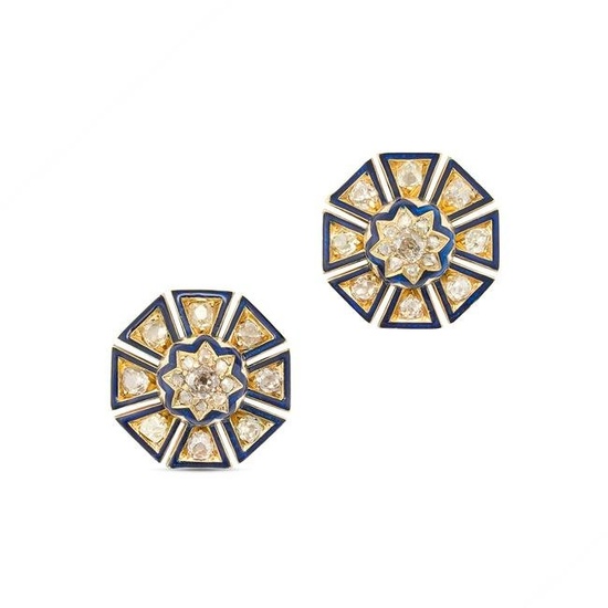 A PAIR OF ANTIQUE DIAMOND AND ENAMEL CLUSTER EARRINGS in yellow gold, set with a cluster of old and