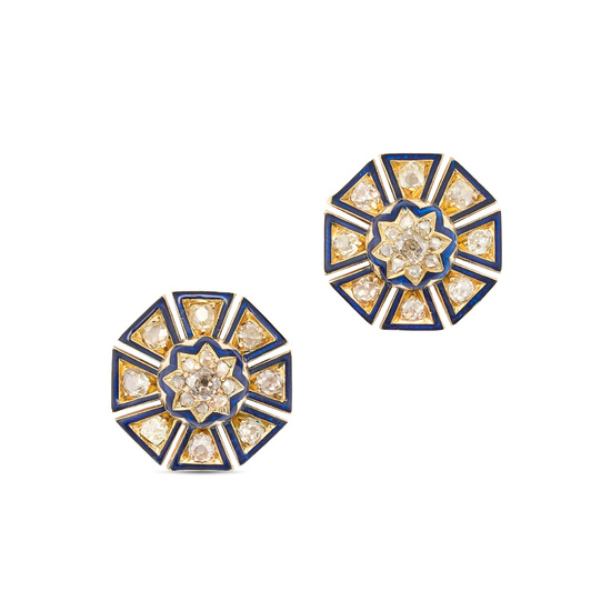 A PAIR OF ANTIQUE DIAMOND AND ENAMEL CLUSTER EARRI ...