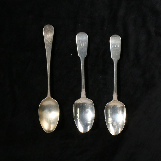 A PAIR OF LATE WILLIAM IV SILVER TABLESPOONS, LONDON 1837, MAKER CHARLES BOYTON I, A SINGLE GEORGE III TABLESPOON (3).