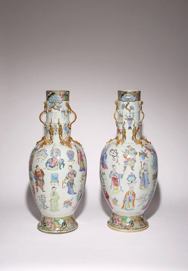 A PAIR OF RARE AND LARGE CHINESE CANTON FAMILLE ROSE 'ACTORS' VASES