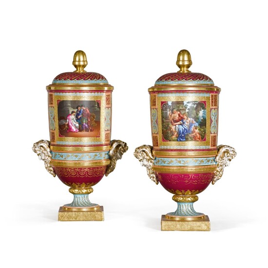 A PAIR OF VIENNA STYLE TWO-HANDLED URNS AND COVERS, CIRCA 1890