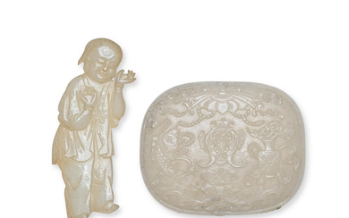 A PALE CELADON JADE 'BOY' PLAQUE AND AN OVAL 'BUDDHIST...