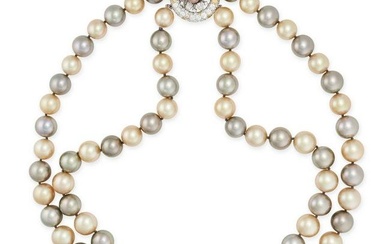 A PEARL, DIAMOND AND FANCY YELLOW DIAMOND NECKLACE in platinum, comprising two graduated rows of