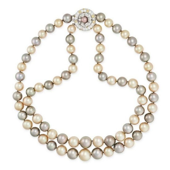 A PEARL, DIAMOND AND FANCY YELLOW DIAMOND NECKLACE in platinum, comprising two graduated rows of