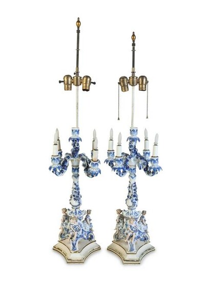 A Pair of Continental Porcelain Candelabra Mounted as