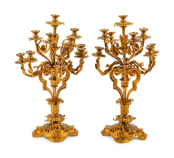 A Pair of Louis XVI Style Gilt Bronze Nine-Light Candelabra