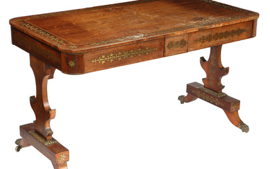 A REGENCY ROSEWOOD AND BRASS INLAID CENTRE TABLE.
