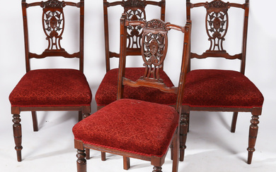 A SET OF FOUR LATE VICTORIAN WALNUT DINING CHAIRS (4).