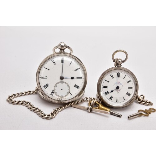 A SILVER OPEN FACE POCKET WATCH AND ONE OTHER, round white d...
