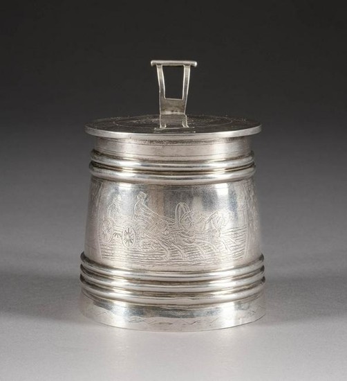 A SILVER TANKARD IN THE PAN SLAVIC STYLE WITH TROIKA