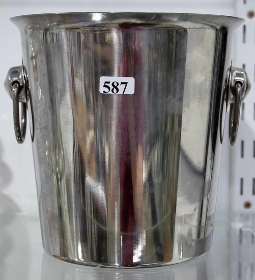 A STAINLESS STEEL ICE BUCKET WITH TWIN HANDLES