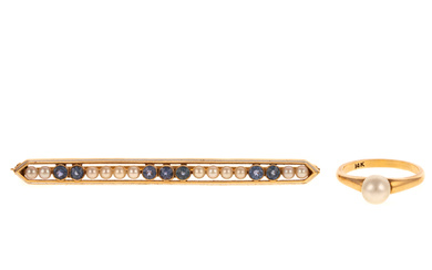 A Sapphire & Pearl Bar Pin & Pearl Ring in 14K