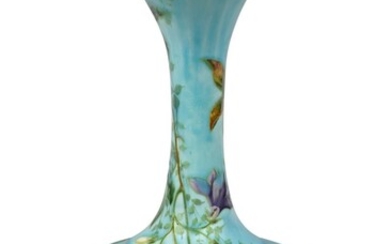 A Theodore deck turquoise-ground earthenware vase, c,1870, impressed TH DECK mark, the interior of the lobed flared rim in puce with stylised flowers, the neck and body decorated with butterflies flying among flowering branches, 30cm high