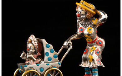 A Three-Piece Tiffany & Co. Enameled Silver Circus Clown with Baby in Carriage (circa 1990)