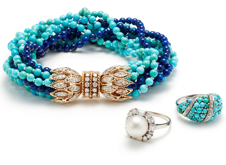 A Turquoise, Lapis Lazuli, Diamond, Cultured Pearl and Gold Suite