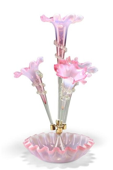 A VICTORIAN PINK AND VASELINE GLASS EPERGNE, with four